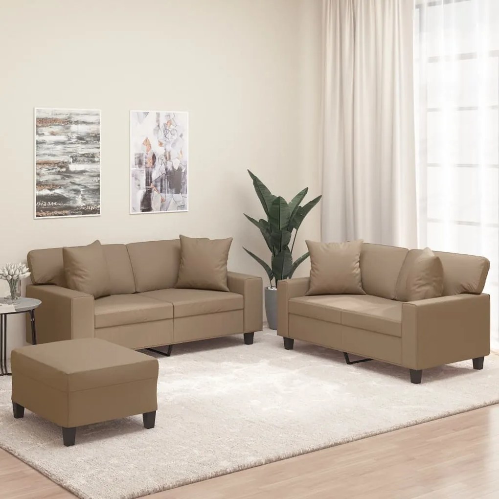 vidaXL 3 pcs conj. de sofás c/ almofadões couro artif. cor cappuccino