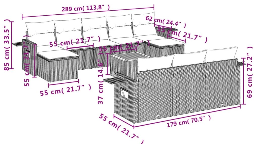 11 pcs conjunto sofás de jardim c/ almofadões vime PE bege