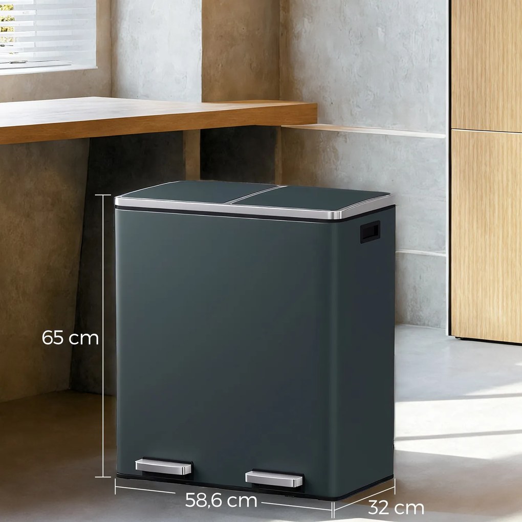 Caixote do lixo 2 x 30 L, 59 x 36,5 x 65,2 cm verde acinzentado