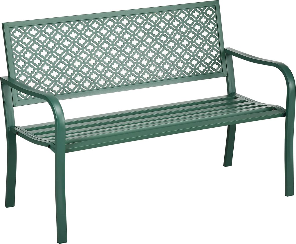 Outsunny Banco de Jardim Banco Exterior de Jardim em Aço com Encosto com Motivo Floral para 2 Pessoas 127x63x83 cm Verde Escuro | Aosom Portugal