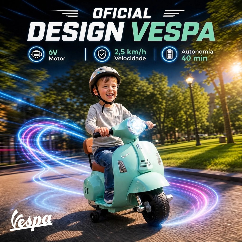 Mota Elétrica Infantil 6V para crianças 18-36 meses Mini Vespa GTS com 2 Rodas Auxiliares, Bateria de Lítio, Farol, Buzina e Encosto, Verde