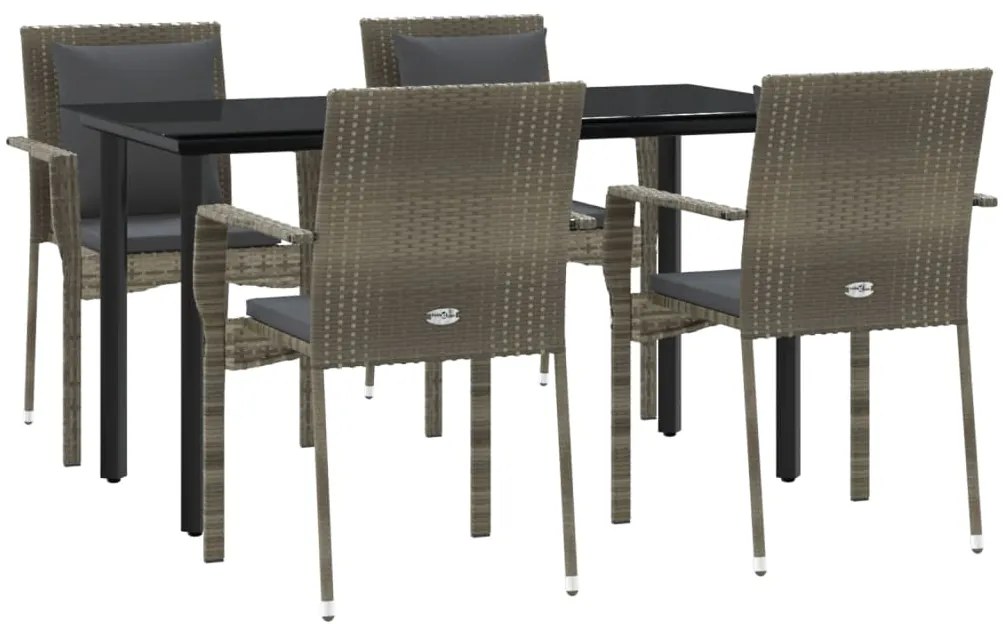 5 pcs conjunto jantar jardim c/ almofadões vime PE preto/cinza