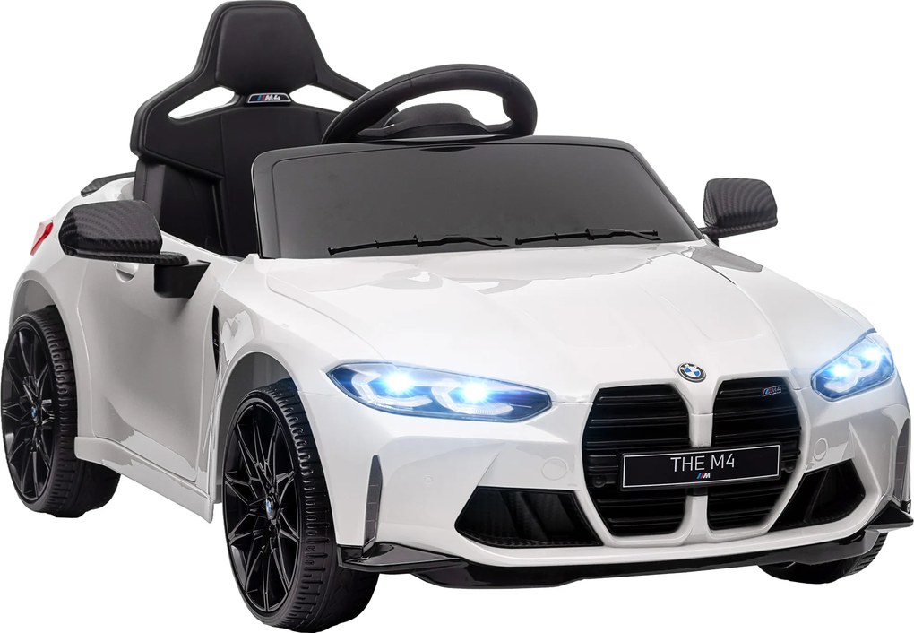 Carro Elétrico para Crianças BMW M4 12V com Controlo Remoto Faróis Buzina Música e Velocidade 3-5 km/h 108x69,5x51 cm Branco