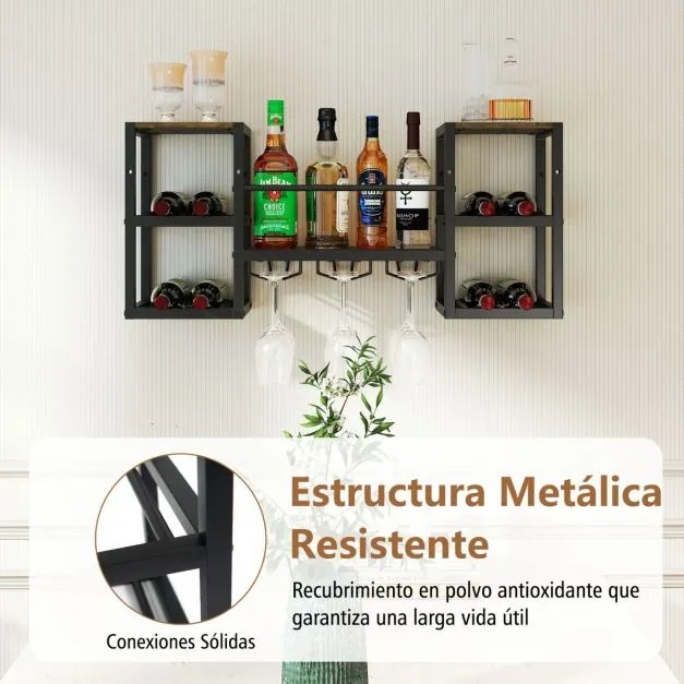 Garrafeira de parede 89 x 25 x 40 cm para vinho com suportes para garrafas, suportes para copos, prateleiras abertas, estrutura metálica, estilo indus