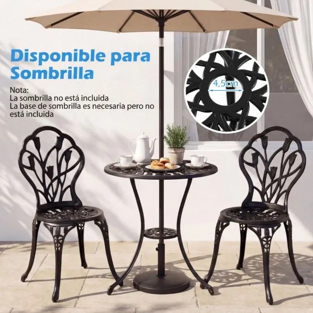 Conjunto de Jardim de 3 peças em alumínio fundido: mesa e cadeiras de exterior para todas as condições meteorológicas, com orifício para guarda-sol, i