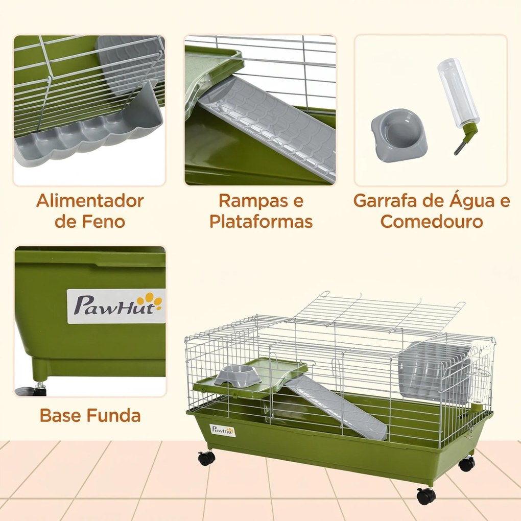 Gaiola para Pequenos Animais com Rodas Bebedouro Comedouro e Dispensador de Feno para Coelhos e Porquinhos-da-Índia 89x44x43 cm Verde