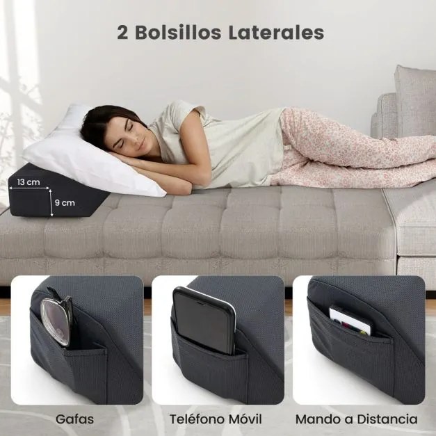 Almofada em forma de cunha de 137 cm para cama de cabeceira com 2 bolsos Capa lavável para fechar o espaço Cinza