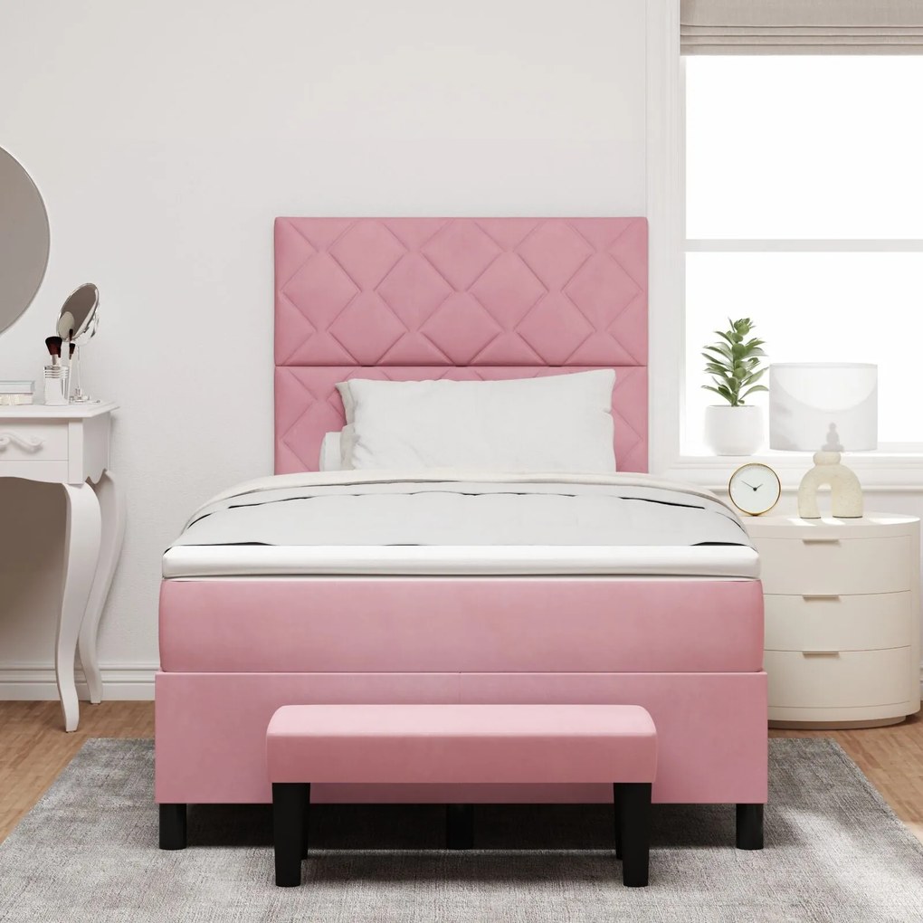 Cama Box Spring com Colchão e Banco Rosa 120x200 cm Veludo