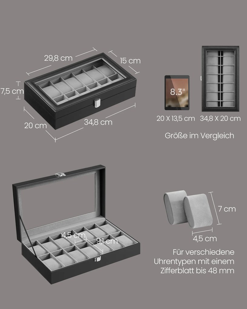 Caixa para relógios em couro PU 34,8 x 20 x 7,5 cm com tampa de vidro e 14 compartimentos Preto