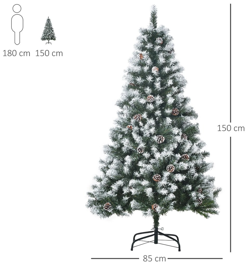 Árvore de Natal Artificial 150cm com 676 Ramas e 41 Pinhas Folhas de PVC com Efeito de Neve Base Dobrável e Suporte Metálico para Interiores Verde