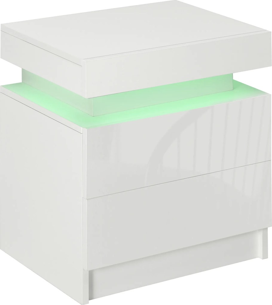 HOMCOM Mesa de Cabeceira com Luz LED Mesa de Cabeceira  Painel de Alto Brilho 2 Gavetas e Controlo 45x35x52 cm Branco | Aosom Portugal