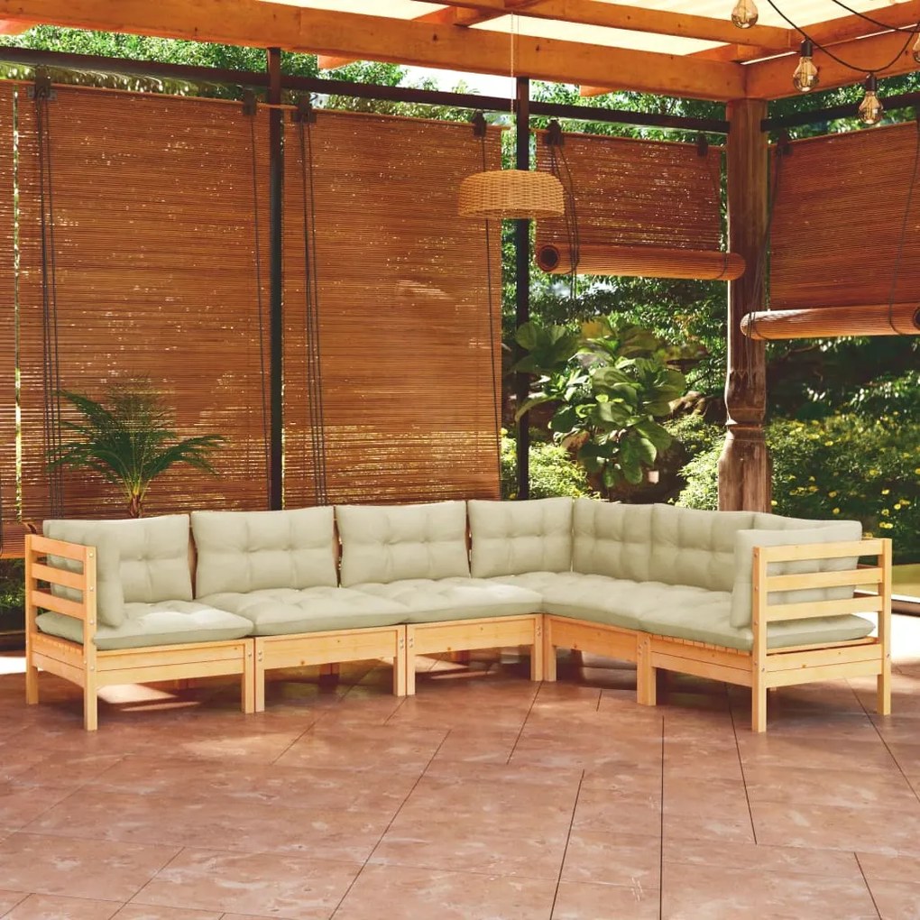 vidaXL 6 pcs conjunto lounge jardim c/ almofadões creme pinho maciço