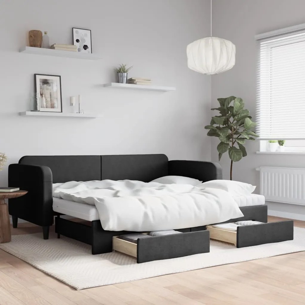 vidaXL Sofá-cama com gavetão e gavetas 90x190 cm tecido preto