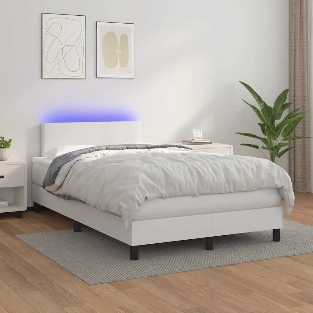 Cama box spring c/colchão/LED 120x190cm couro artificial branco