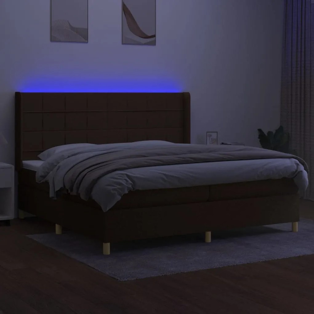 Cama box spring c/ colchão/LED 200x200cm tecido castanho-escuro