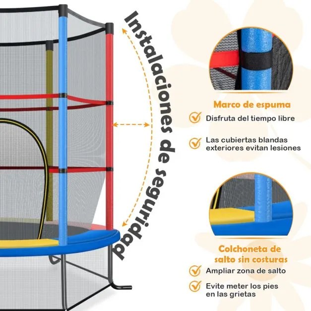 Trampolim para crianças 191 cm com rede de segurança e almofada para molas recreativas Estrutura em aço multicolorido