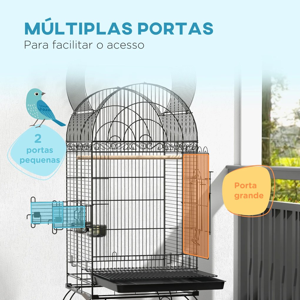 Gaiola para Pássaros com Rodas Bandeja Amovível Prateleira 2 Comedouros de Aço Inoxidável e Poleiro 51x51x153 cm Preto