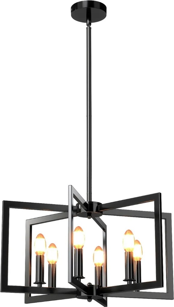Candeeiro Teto rústico de 6 luzes com design geométrico, altura ajustável e metal industrial para sala de jantar e ilha de cozinha, preto