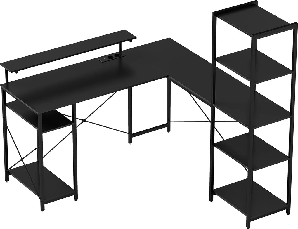 HOMCOM Mesa em L com estação de carregamento, mesa de canto com suporte para monitor e prateleiras, para home office, escritório, Preto | Aosom Portugal