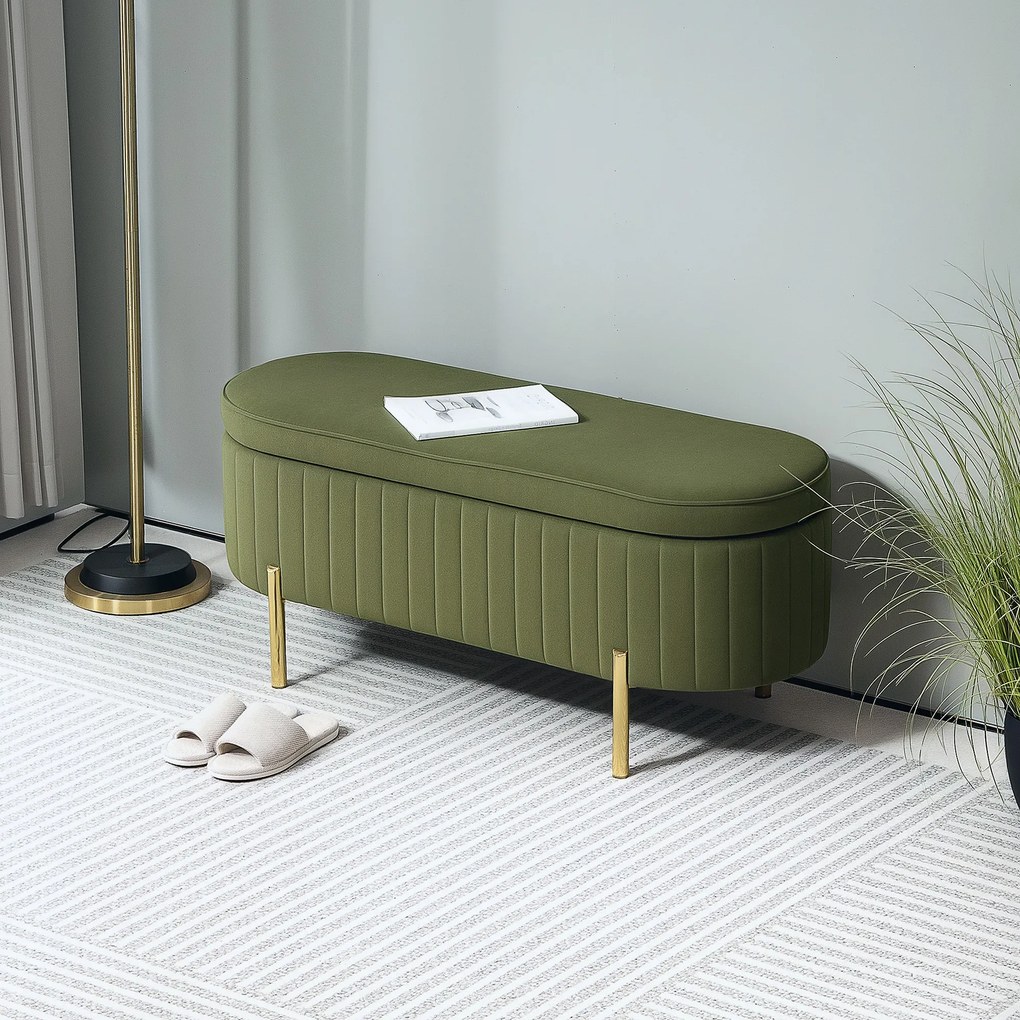 Banco de arrumação 108 x 44 x 43,5 cm, baú de veludo com tampa, pés de metal, capacidade de 72 L, verde escuro