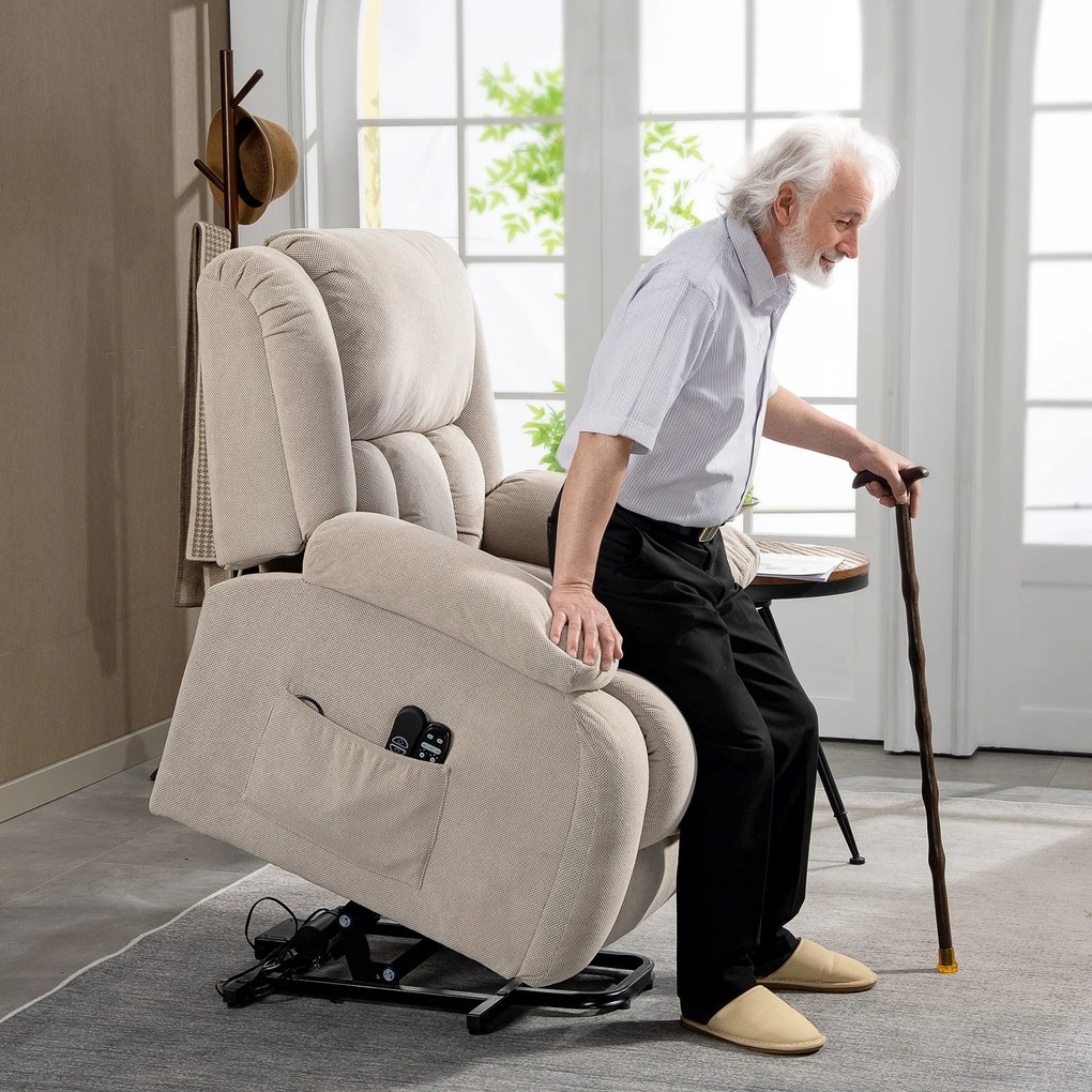 Poltrona Reclinável Elétrica Elevatória com Massagem Vibratória, Calor, Assento Largo, USB e Bolsos, Bege