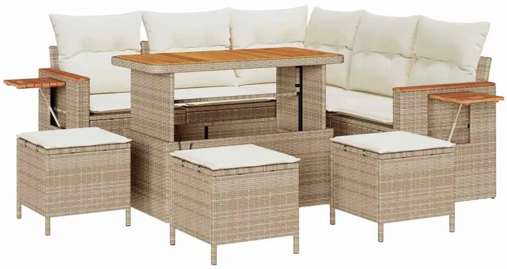 Conjunto de Sofá de Jardim de 9 Peças com Almofadas Bege em Rattan Pol