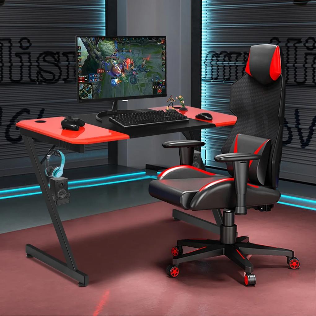 Mesa Gaming com superfície em fibra de carbono em formato Z para escritório em casa  120 x 60 x 76 cm Preto + Vermelho