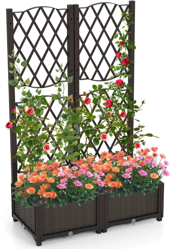Floreira dupla com treliça de plástico para exterior com orifícios de drenagem Floreira para exterior para pátio de jardim Castanho