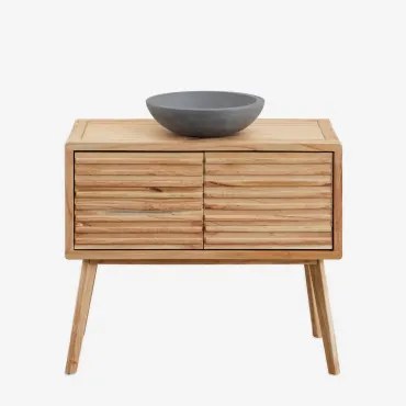 Conjunto De Móvel De Casa De Banho Em Madeira Deleyna Madeira Natural & Cimento Cinzento Redondo Ø40 Cm Tarsis & Sem Espelho & Sem Torneira - Sklum