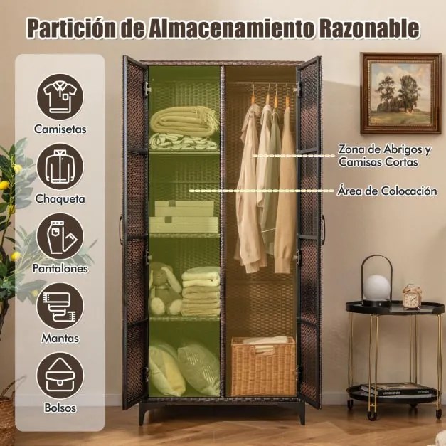Armario de vime com 2 portas PE com varão para pendurar e 4 cubos de arrumação Organizador de roupa para casa pátio garagem Castanho