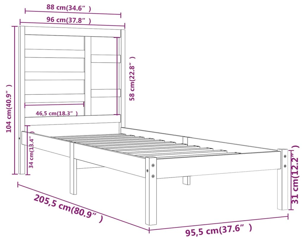 Estrutura de cama 90x200 cm madeira maciça
