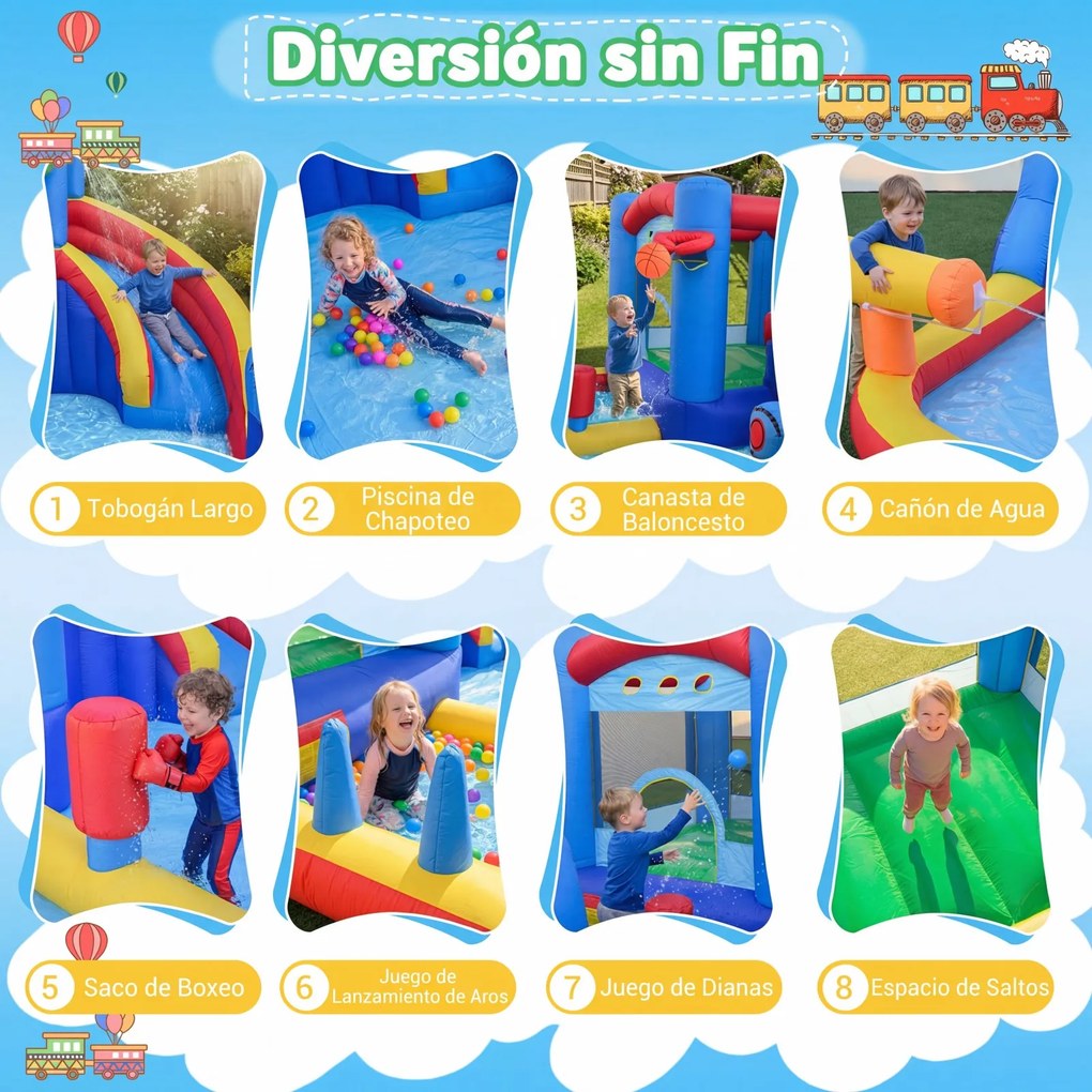 Castelo insuflável Escorrega aquático insuflável com parque infantil (SEM SOPRADOR) , piscina de salpicos, canhão de água e jogos de precisão Multicol