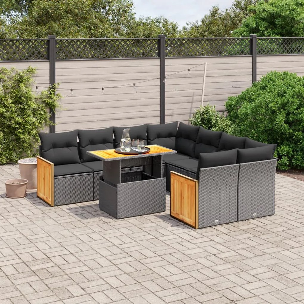 9 pcs conjunto de sofás p/ jardim c/ almofadões vime PE preto