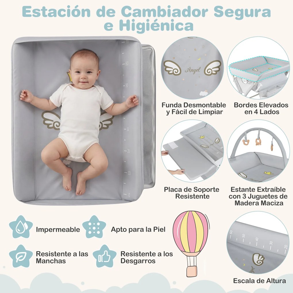 Mudador fraldas dobrável com banheira, 3 alturas ajustáveis, rodas com travão, brinquedos e espaço de arrumação, portátil para recém-nascidos, cinzent