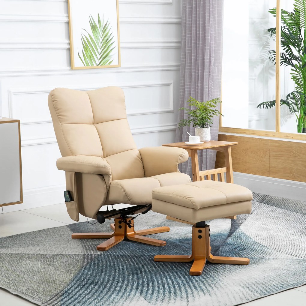 Poltrona de relaxamento com massagem e pufe, poltrona giratória a 360°, encosto reclinável, 80 x 86 x 99 cm, creme