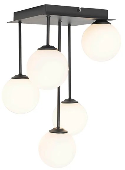 Candeeiro de teto moderno preto com vidro opalino 5 luzes - Athens Moderno