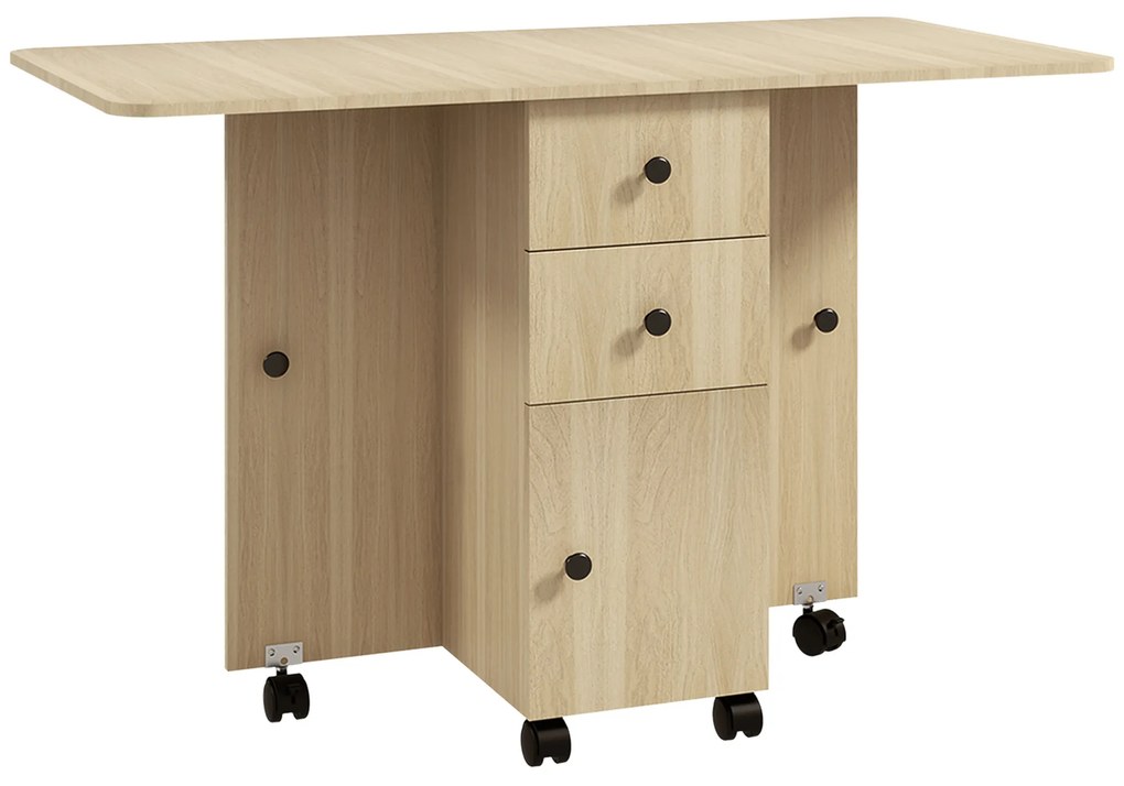 HOMCOM Mesa de Jantar Dobrável com Rodas Mesa Abatível com 2 Gavetas e Armário Mesa Auxiliar Multifuncional 120x60x76,5 cm Madeira | Aosom Portugal