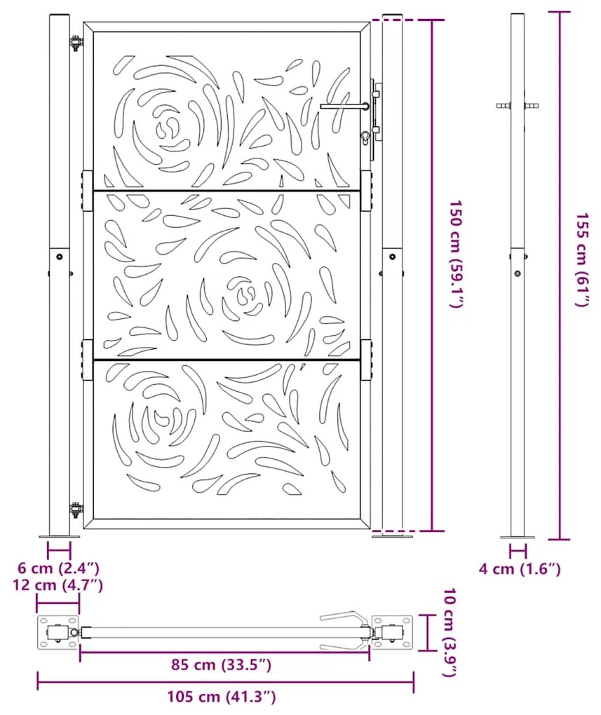 Portão de jardim 105x155 cm design de chama de aço resistente