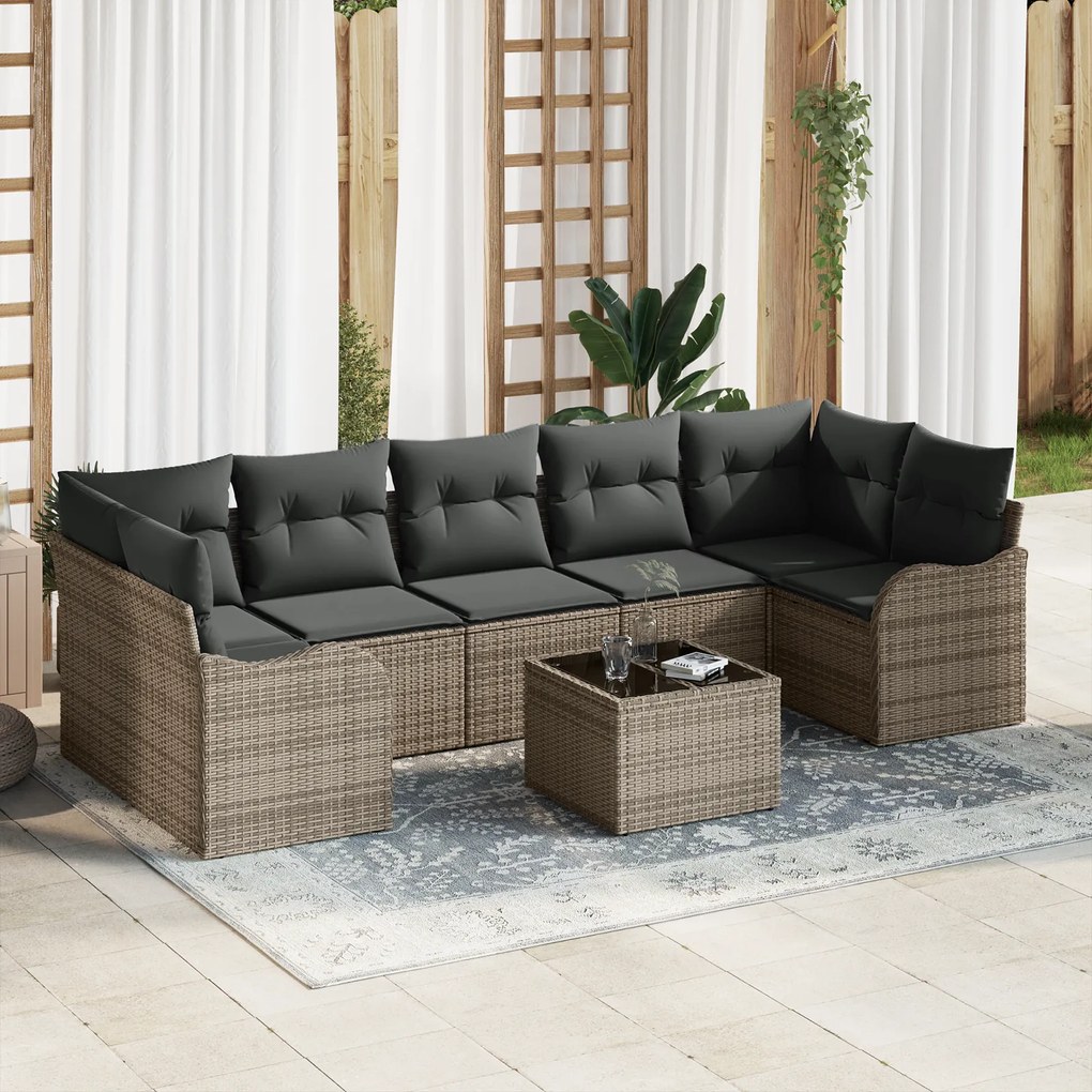 Conjunto de Sofás de Jardim 8 Peças com Almofadas Cinzento Rattan Polímero