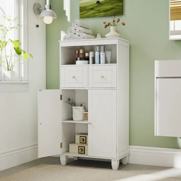 Armário de casa de banho 56 x 30 x 108 cm com portas, Prateleiras e Gavetas branco