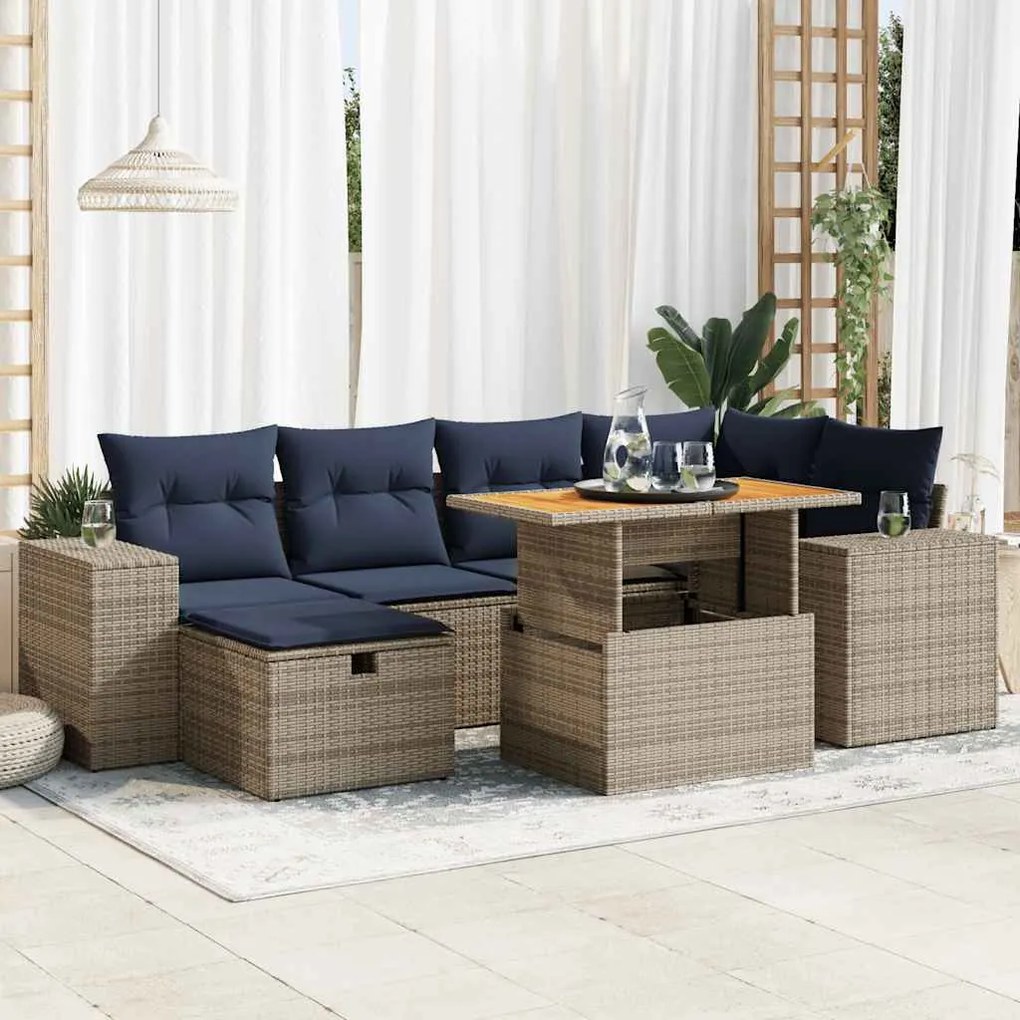 7 pcs conj. sofás jardim c/ almofadões vime PE/acácia castanho