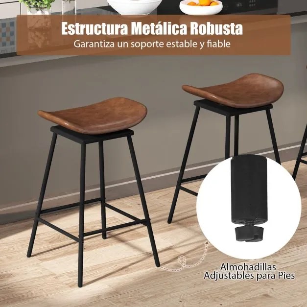 Conjunto de 2 bancos de bar  43 x 45 x 71,5 cm com assento acolchoado e curvado, apoio para os pés e sem encosto para cozinha ou sala de jantar, casta