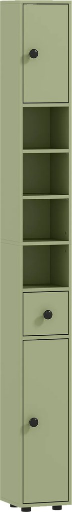 kleankin Coluna de arrumação armário alto para casa de banho 1 gaveta 4 prateleiras reguláveis e 2 armários 20 x 20 x 180 cm verde | Aosom Portugal