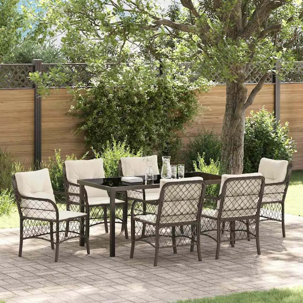 vidaXL Conjunto de Jantar de Jardim com 7 Peças e Almofadas Marrons em Rattan Sintético