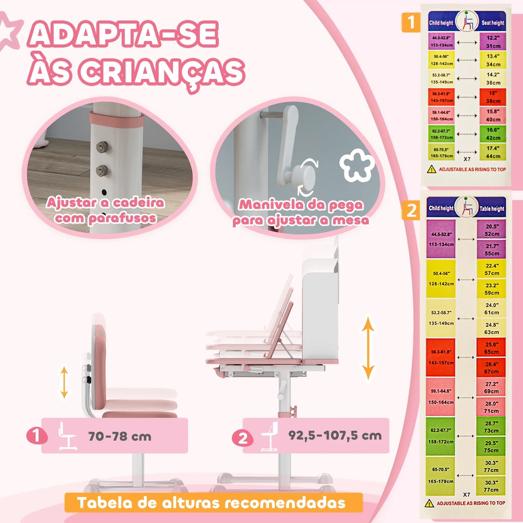 Conjunto de Secretária e Cadeira para Crianças Secretária Infantil Altura Ajustável 80x55x107,5 cm Rosa