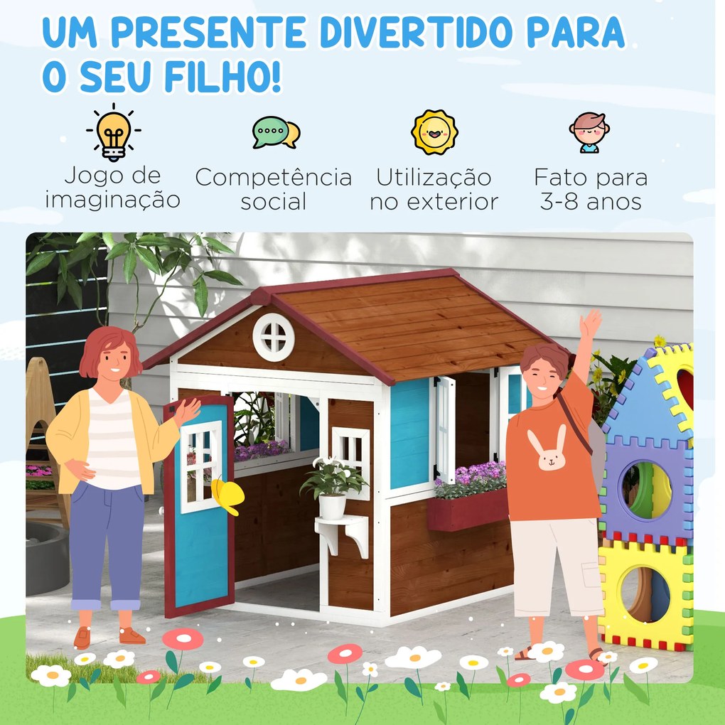 Casinha de Madeira Infantil com Porta Janelas Floreiras e Prateleiras com Detalhes de Cor 114x126,4x135 cm Castanho Escuro