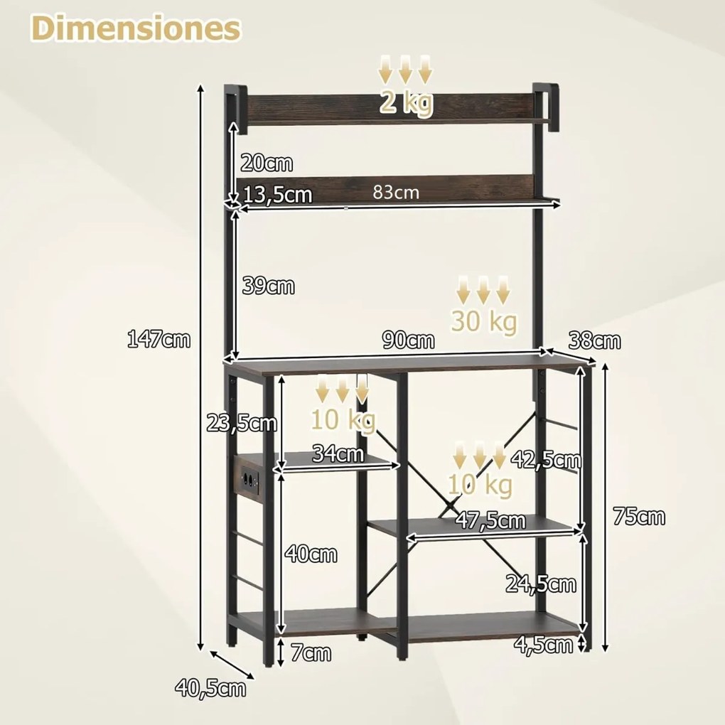 Armário Cozinha de 5 níveis com estação de carregamento, luzes LED RGB e controle remoto para cozinha 90 x 40,5 x 147 cm castanho