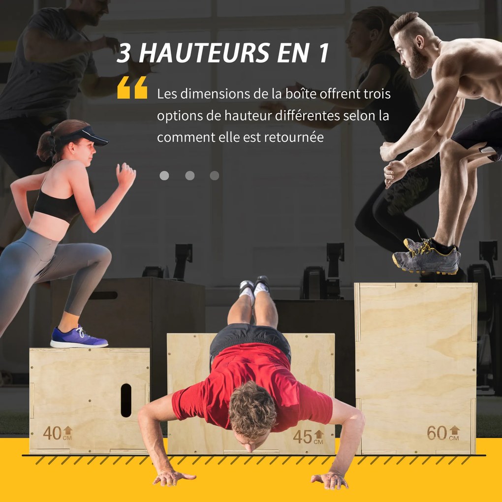 Aparelho de box jump pliométrico 3 em 1, caixa de salto para musculação, fitness e treino cruzado 40/45/60 cm, em madeira