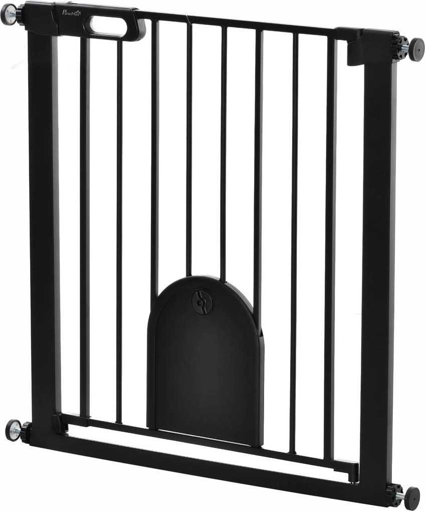 Barreira de segurança para animais com porta de fecho automático e sistema de dupla travagem, em aço preto