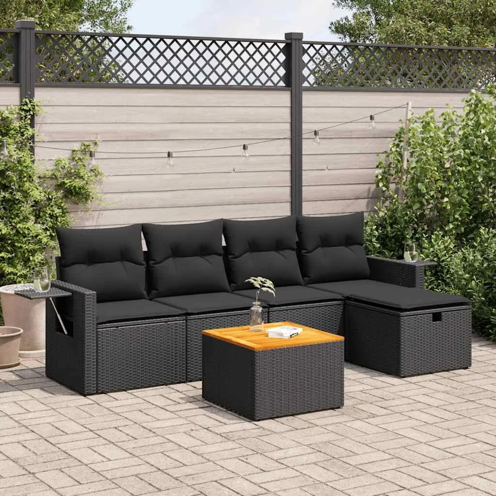 6 pcs conjunto sofás de jardim c/ almofadões vime PE preto